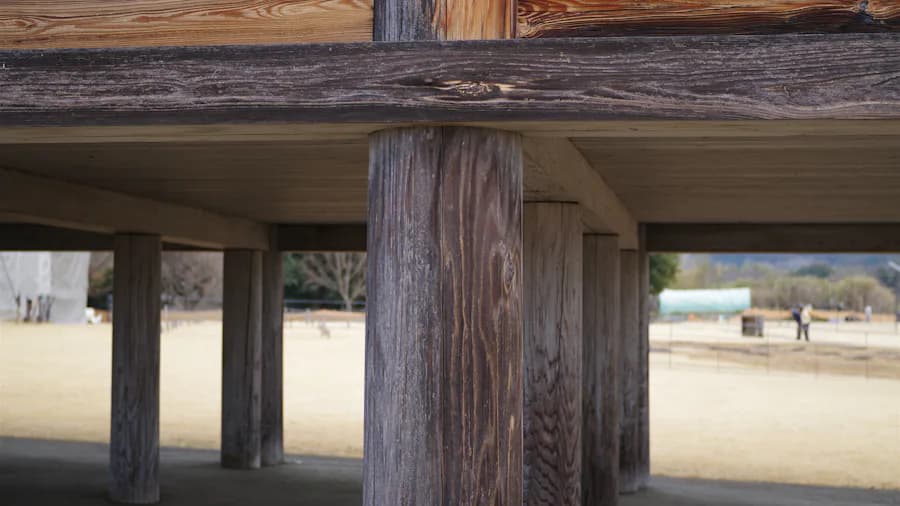 Underside of an elevated wooden structure showing posts and beams bearing the load
