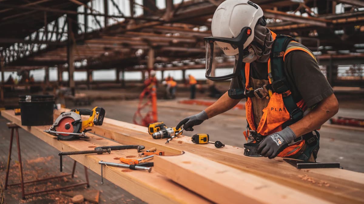 Carpenter in safety gear measuring framing lumber on a job site
