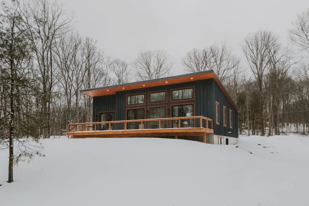 Modern house with a raised wood deck