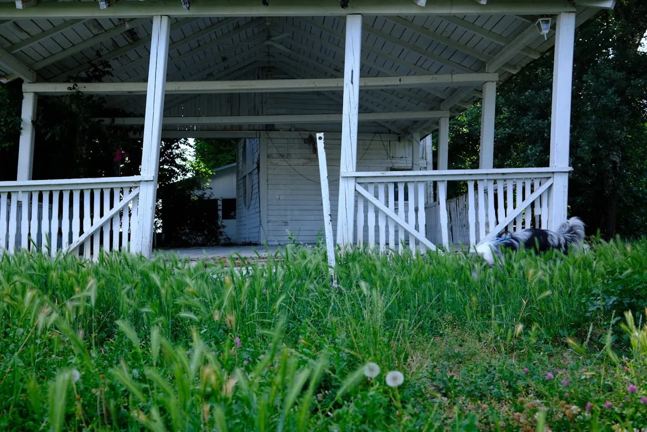 Screened-in porch with white columns on a house