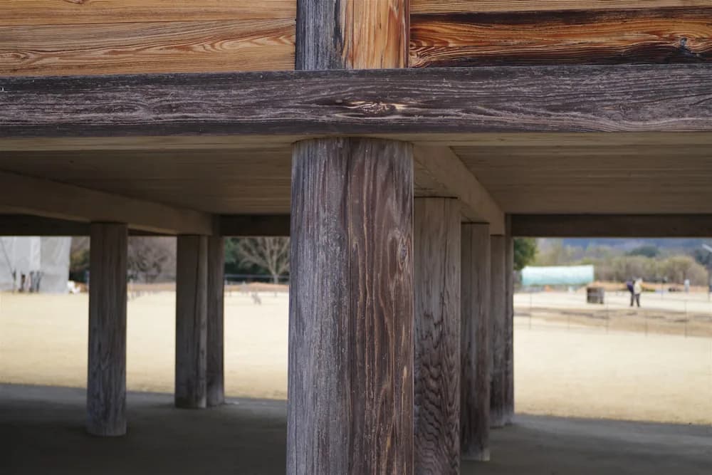 Tall wooden posts and beams supporting a raised deck from underneath